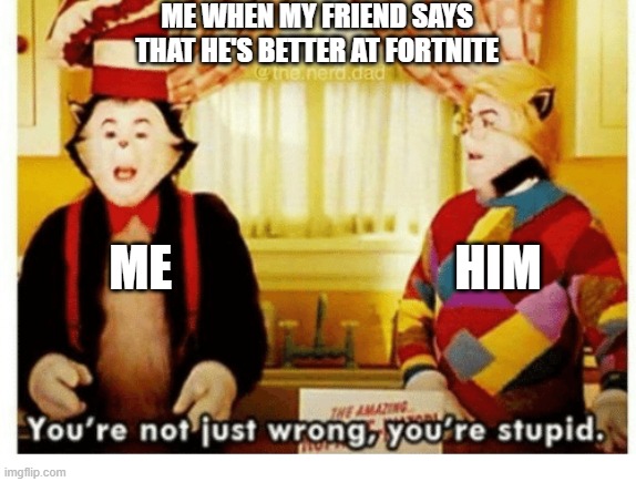 You're not just wrong your stupid | ME WHEN MY FRIEND SAYS THAT HE'S BETTER AT FORTNITE; ME                             HIM | image tagged in you're not just wrong your stupid | made w/ Imgflip meme maker
