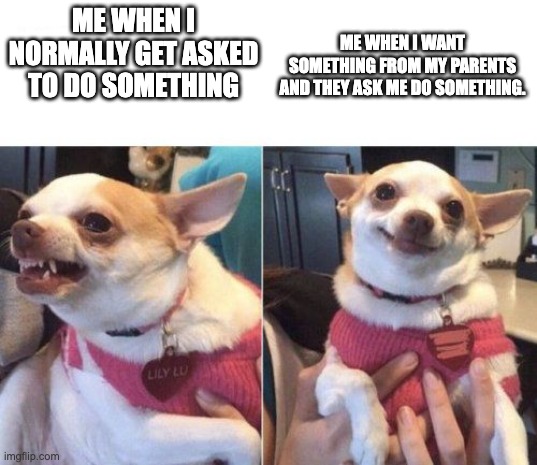 Well that is how things work though | ME WHEN I NORMALLY GET ASKED TO DO SOMETHING; ME WHEN I WANT SOMETHING FROM MY PARENTS AND THEY ASK ME DO SOMETHING. | image tagged in angry chihuahua happy chihuahua | made w/ Imgflip meme maker
