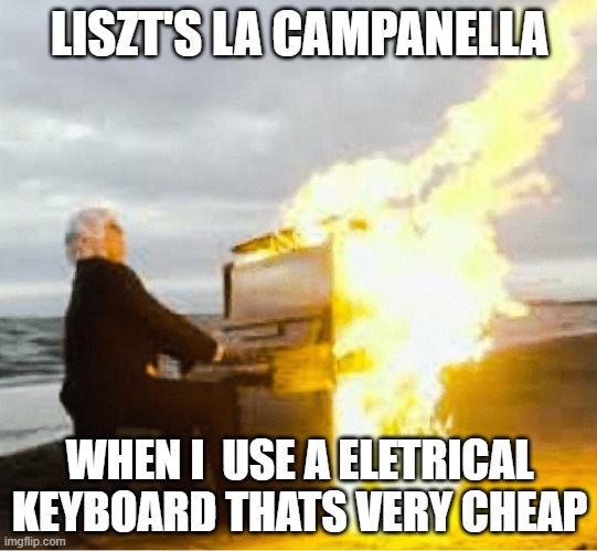 Playing flaming piano | LISZT'S LA CAMPANELLA; WHEN I  USE A ELETRICAL KEYBOARD THATS VERY CHEAP | image tagged in playing flaming piano | made w/ Imgflip meme maker