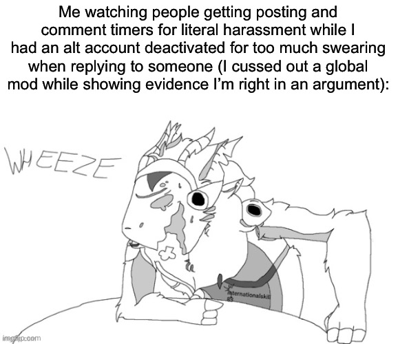 This did legitimately happened and then I backed down on my main | Me watching people getting posting and comment timers for literal harassment while I had an alt account deactivated for too much swearing when replying to someone (I cussed out a global mod while showing evidence I’m right in an argument): | made w/ Imgflip meme maker
