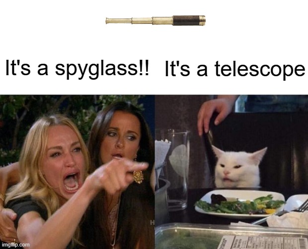 what do you mean this isn't a telescope?! | It's a spyglass!! It's a telescope | image tagged in memes,woman yelling at cat | made w/ Imgflip meme maker