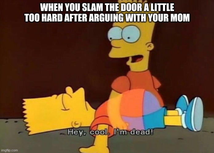 Hey, cool. I'm dead! | WHEN YOU SLAM THE DOOR A LITTLE TOO HARD AFTER ARGUING WITH YOUR MOM | image tagged in hey cool i'm dead | made w/ Imgflip meme maker
