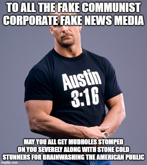 Screw all the fake communist Corporate news Media Outlets. | TO ALL THE FAKE COMMUNIST CORPORATE FAKE NEWS MEDIA; MAY YOU ALL GET MUDHOLES STOMPED ON YOU SEVERELY ALONG WITH STONE COLD STUNNERS FOR BRAINWASHING THE AMERICAN PUBLIC | image tagged in stone cold steve austin,corporate,mainstream media,liberals | made w/ Imgflip meme maker
