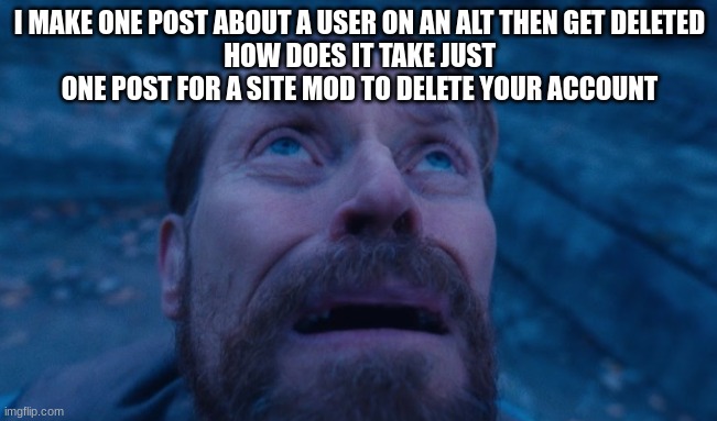 sensitive asf I swear bro | I MAKE ONE POST ABOUT A USER ON AN ALT THEN GET DELETED
HOW DOES IT TAKE JUST ONE POST FOR A SITE MOD TO DELETE YOUR ACCOUNT | image tagged in willem dafoe | made w/ Imgflip meme maker