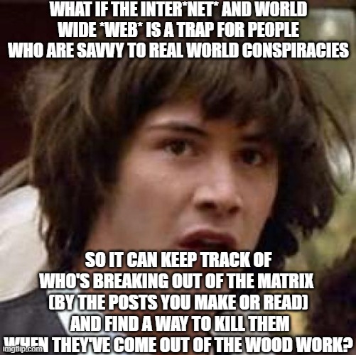 They'd probably set us up for a false flag. Do a psyop terror attack and pin it on us. Hijack or balkanize the movement. | WHAT IF THE INTER*NET* AND WORLD WIDE *WEB* IS A TRAP FOR PEOPLE WHO ARE SAVVY TO REAL WORLD CONSPIRACIES; SO IT CAN KEEP TRACK OF WHO'S BREAKING OUT OF THE MATRIX 
(BY THE POSTS YOU MAKE OR READ)
 AND FIND A WAY TO KILL THEM WHEN THEY'VE COME OUT OF THE WOOD WORK? | image tagged in memes,conspiracy keanu,the internet,internet scam,it's a trap,genocide | made w/ Imgflip meme maker
