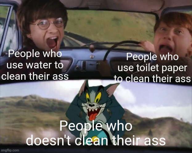 tom and harry potter | People who use water to clean their ass; People who use toilet paper to clean their ass; People who doesn't clean their ass | image tagged in tom and harry potter | made w/ Imgflip meme maker