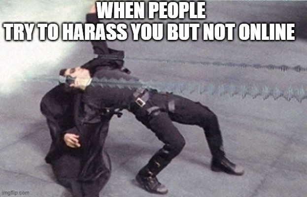 neo dodging a bullet matrix | WHEN PEOPLE TRY TO HARASS YOU BUT NOT ONLINE | image tagged in neo dodging a bullet matrix | made w/ Imgflip meme maker