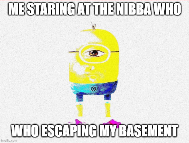 Deep fried minion | ME STARING AT THE NIBBA WHO; WHO ESCAPING MY BASEMENT | image tagged in deep fried minion | made w/ Imgflip meme maker