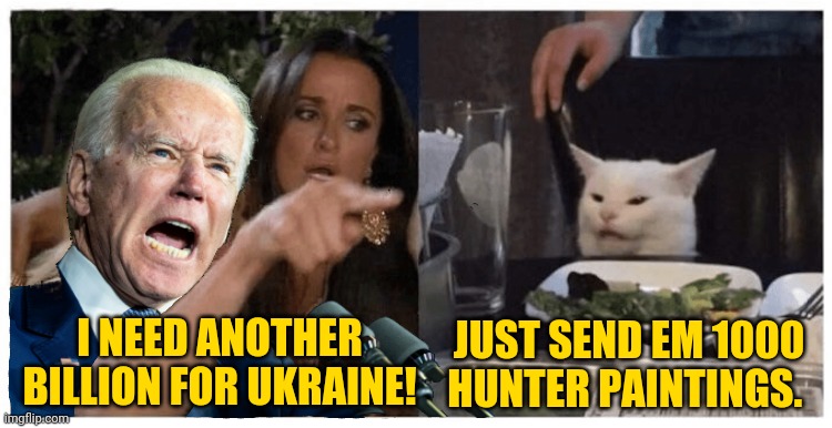 High priced art. | I NEED ANOTHER BILLION FOR UKRAINE! JUST SEND EM 1000 HUNTER PAINTINGS. | image tagged in biden yelling at cat | made w/ Imgflip meme maker