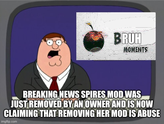 WHAT DO YOU THINK? | BREAKING NEWS SPIRES MOD WAS JUST REMOVED BY AN OWNER AND IS NOW CLAIMING THAT REMOVING HER MOD IS ABUSE | image tagged in memes,peter griffin news | made w/ Imgflip meme maker