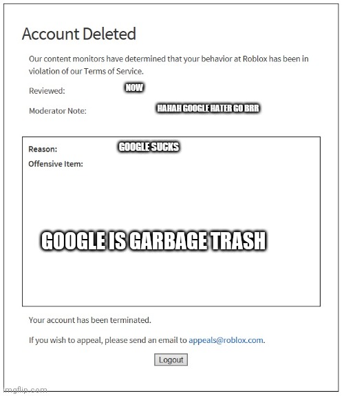 Google fans mods be like | NOW; HAHAH GOOGLE HATER GO BRR; GOOGLE SUCKS; GOOGLE IS GARBAGE TRASH | image tagged in banned from roblox | made w/ Imgflip meme maker