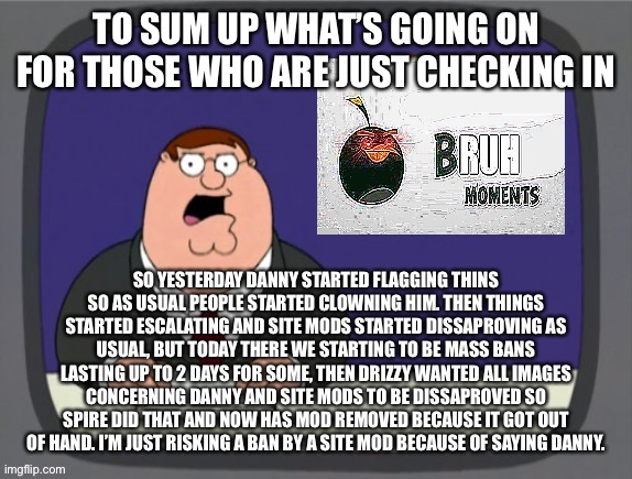 Bru | TO SUM UP WHAT’S GOING ON FOR THOSE WHO ARE JUST CHECKING IN; SO YESTERDAY DANNY STARTED FLAGGING THINS SO AS USUAL PEOPLE STARTED CLOWNING HIM. THEN THINGS STARTED ESCALATING AND SITE MODS STARTED DISSAPROVING AS USUAL, BUT TODAY THERE WE STARTING TO BE MASS BANS LASTING UP TO 2 DAYS FOR SOME, THEN DRIZZY WANTED ALL IMAGES CONCERNING DANNY AND SITE MODS TO BE DISSAPROVED SO SPIRE DID THAT AND NOW HAS MOD REMOVED BECAUSE IT GOT OUT OF HAND. I’M JUST RISKING A BAN BY A SITE MOD BECAUSE OF SAYING DANNY. | image tagged in bru | made w/ Imgflip meme maker