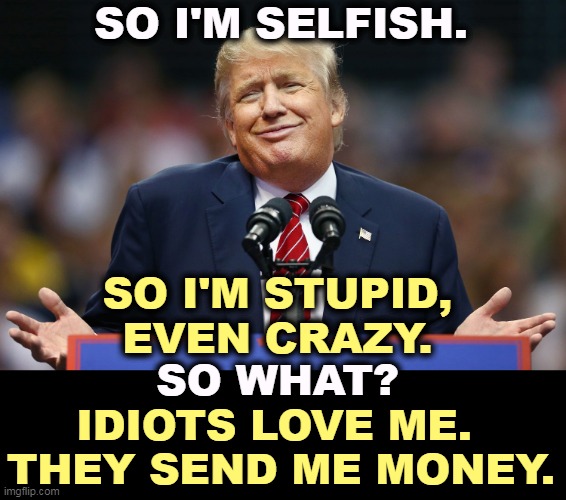 I never made money like this in real estate. | SO I'M SELFISH. SO I'M STUPID,
EVEN CRAZY. SO WHAT? IDIOTS LOVE ME. 
THEY SEND ME MONEY. | image tagged in trump shrug,greedy,stupid,selfish,idiots | made w/ Imgflip meme maker