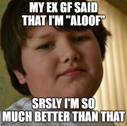 Far above being labeled like that | MY EX GF SAID THAT I'M "ALOOF"; SRSLY I'M SO MUCH BETTER THAN THAT | image tagged in overconfident gamer kid,memes,aloof,better than that,girlfriend | made w/ Imgflip meme maker