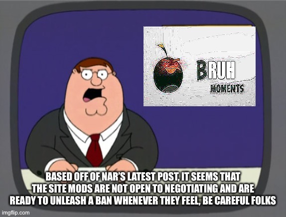 Bru | BASED OFF OF NAR’S LATEST POST, IT SEEMS THAT THE SITE MODS ARE NOT OPEN TO NEGOTIATING AND ARE READY TO UNLEASH A BAN WHENEVER THEY FEEL, BE CAREFUL FOLKS | image tagged in bru | made w/ Imgflip meme maker