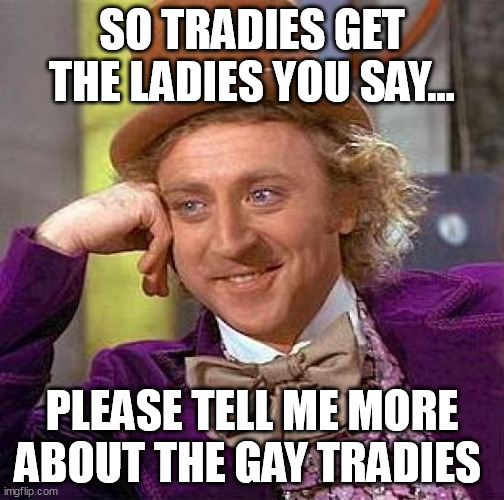 tradies get the ladies you say | SO TRADIES GET THE LADIES YOU SAY... PLEASE TELL ME MORE ABOUT THE GAY TRADIES | image tagged in memes,creepy condescending wonka,tradies get the ladies,australia,tradies | made w/ Imgflip meme maker