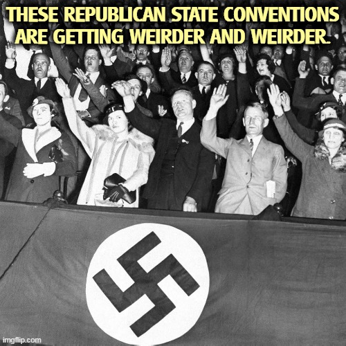 You think I'm kidding? | THESE REPUBLICAN STATE CONVENTIONS ARE GETTING WEIRDER AND WEIRDER. | image tagged in republican,neo-nazis,extreme,idiots | made w/ Imgflip meme maker