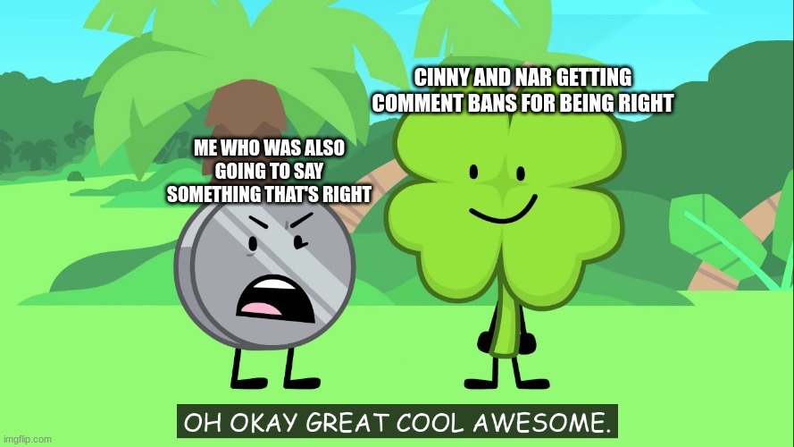 OH OKAY GREAT COOL AWESOME | CINNY AND NAR GETTING COMMENT BANS FOR BEING RIGHT; ME WHO WAS ALSO GOING TO SAY SOMETHING THAT'S RIGHT | image tagged in oh okay great cool awesome | made w/ Imgflip meme maker