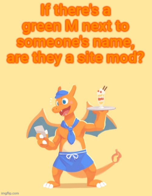 Charizard, HE'S MINE BACK OFF | If there's a green M next to someone's name, are they a site mod? | image tagged in charizard he's mine back off | made w/ Imgflip meme maker