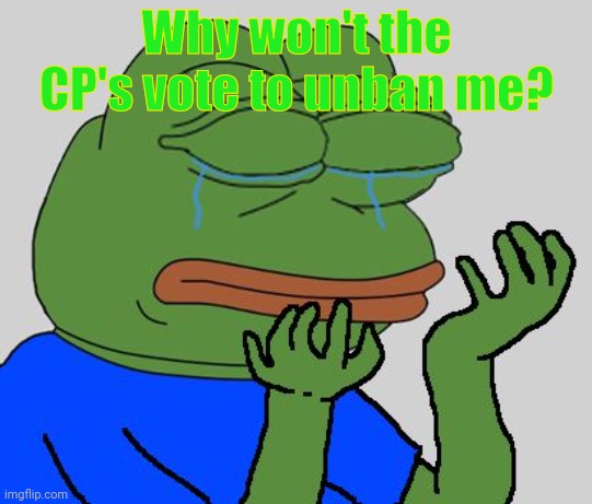 pepe cry | Why won't the CP's vote to unban me? | image tagged in pepe cry | made w/ Imgflip meme maker