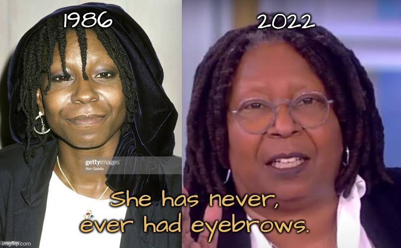 Eyebrows on fleek is a tag on Imgflip. | 1986 She has never, ever had eyebrows. 2022 | image tagged in eyebrows,eyebrows on fleek,whoopi goldberg,the view,joy behar | made w/ Imgflip meme maker