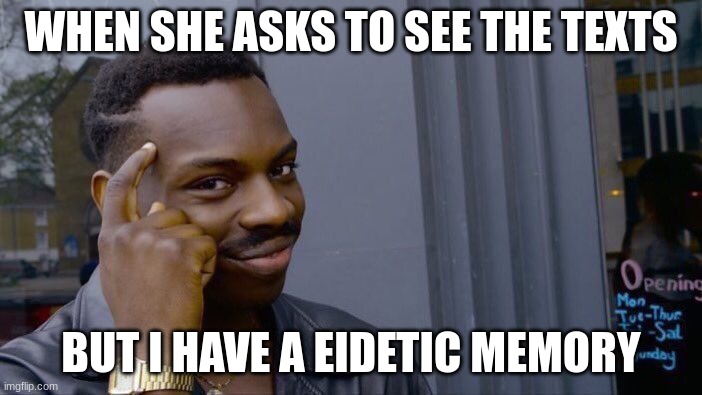 iykyk | WHEN SHE ASKS TO SEE THE TEXTS; BUT I HAVE A EIDETIC MEMORY | image tagged in memes,roll safe think about it | made w/ Imgflip meme maker