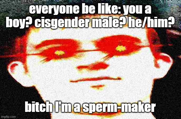 i didn't have gender with your mom | everyone be like: you a boy? cisgender male? he/him? bitch I'm a sperm-maker | image tagged in fried josh | made w/ Imgflip meme maker