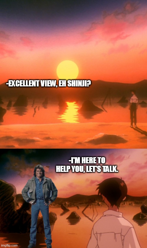 Jhonathan has a mission XD | -EXCELLENT VIEW, EH SHINJI? -I'M HERE TO HELP YOU, LET'S TALK. | image tagged in neon genesis evangelion,shinji ikari,highway to heaven,jhonathan smith,michael landon,80's | made w/ Imgflip meme maker