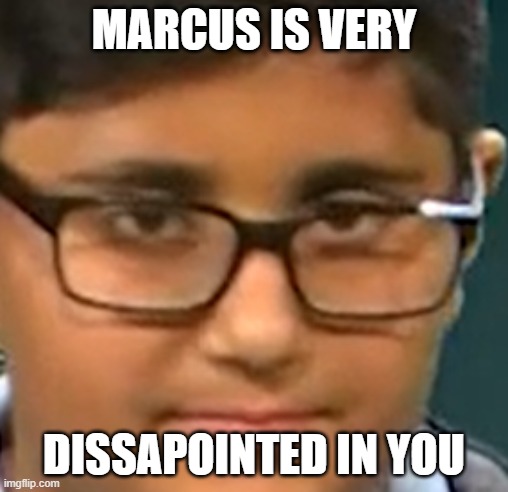 MARCUS IS VERY DISSAPOINTED IN YOU | MARCUS IS VERY; DISSAPOINTED IN YOU | image tagged in marcus | made w/ Imgflip meme maker