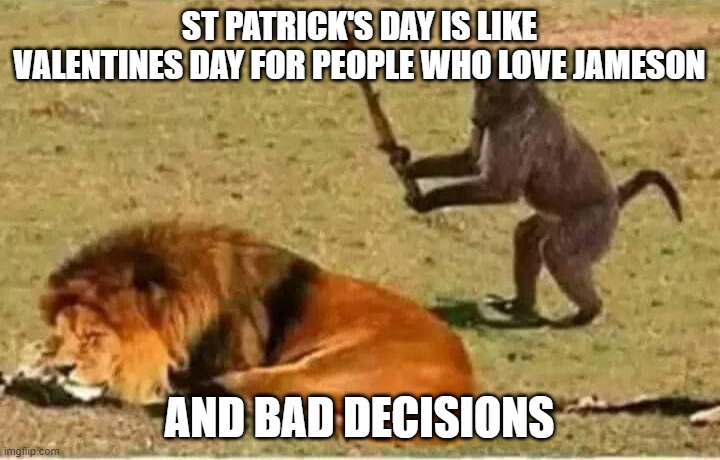 st patricks day | ST PATRICK'S DAY IS LIKE VALENTINES DAY FOR PEOPLE WHO LOVE JAMESON; AND BAD DECISIONS | image tagged in bad decisions | made w/ Imgflip meme maker
