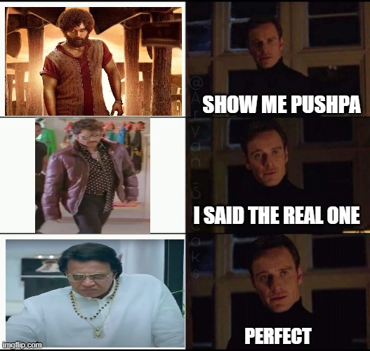 show me the real | SHOW ME PUSHPA; I SAID THE REAL ONE; PERFECT | image tagged in show me the real | made w/ Imgflip meme maker