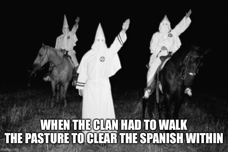 No Distemper Here | WHEN THE CLAN HAD TO WALK
THE PASTURE TO CLEAR THE SPANISH WITHIN | image tagged in kkk,spanish flu,root beer,global | made w/ Imgflip meme maker