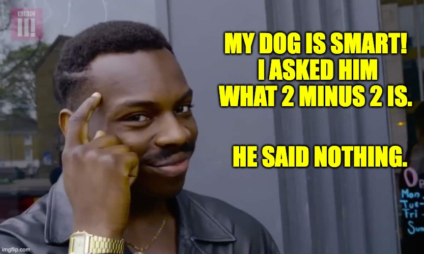Smart | MY DOG IS SMART!  I ASKED HIM WHAT 2 MINUS 2 IS. HE SAID NOTHING. | image tagged in eddie murphy thinking | made w/ Imgflip meme maker