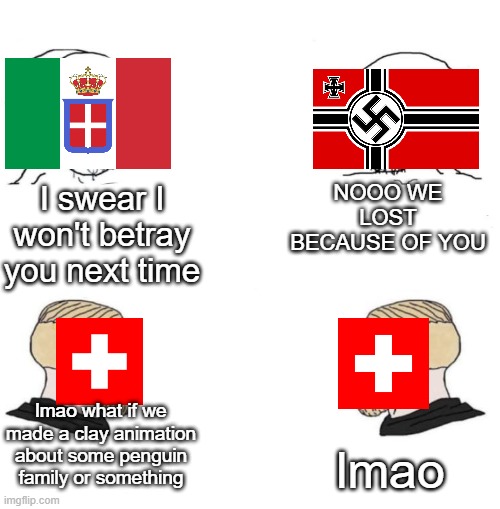 After WWII | NOOO WE LOST BECAUSE OF YOU; I swear I won't betray you next time; lmao what if we made a clay animation about some penguin family or something; lmao | image tagged in chad we know | made w/ Imgflip meme maker