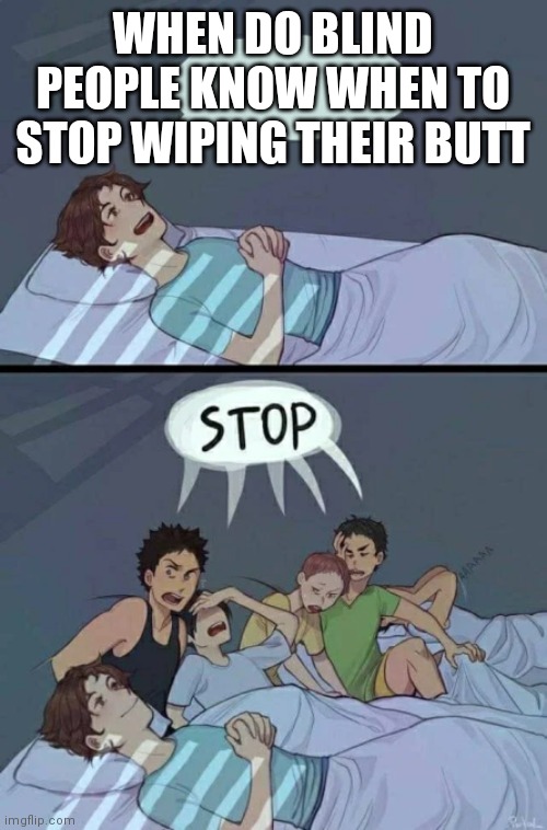 Blind people | WHEN DO BLIND PEOPLE KNOW WHEN TO STOP WIPING THEIR BUTT | image tagged in sleepover stop | made w/ Imgflip meme maker