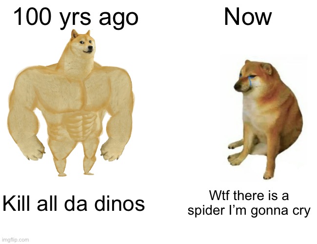 Buff Doge vs. Cheems | 100 yrs ago; Now; Kill all da dinos; Wtf there is a spider I’m gonna cry | image tagged in memes,buff doge vs cheems | made w/ Imgflip meme maker