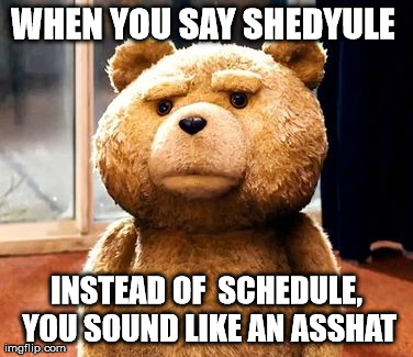 Its schedule not shedyule | WHEN YOU SAY SHEDYULE  INSTEAD OF  SCHEDULE, YOU SOUND LIKE AN ASSHAT | image tagged in memes,ted | made w/ Imgflip meme maker