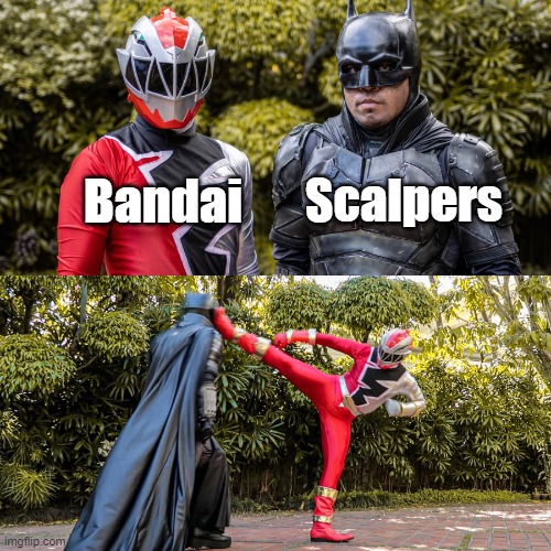 PR vs. Batman | Bandai; Scalpers | image tagged in pr vs batman | made w/ Imgflip meme maker