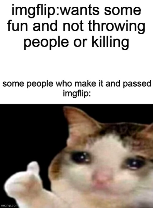 Sad cat thumbs up white spacing | imgflip:wants some fun and not throwing people or killing; some people who make it and passed

imgflip: | image tagged in sad cat thumbs up white spacing | made w/ Imgflip meme maker
