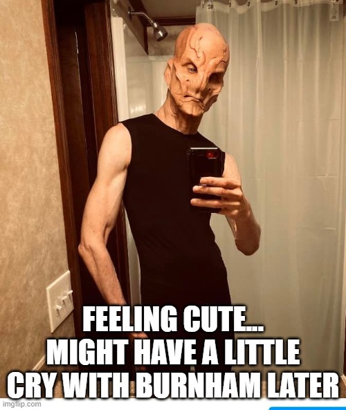 Saru cute | FEELING CUTE... MIGHT HAVE A LITTLE CRY WITH BURNHAM LATER | image tagged in feeling cute | made w/ Imgflip meme maker