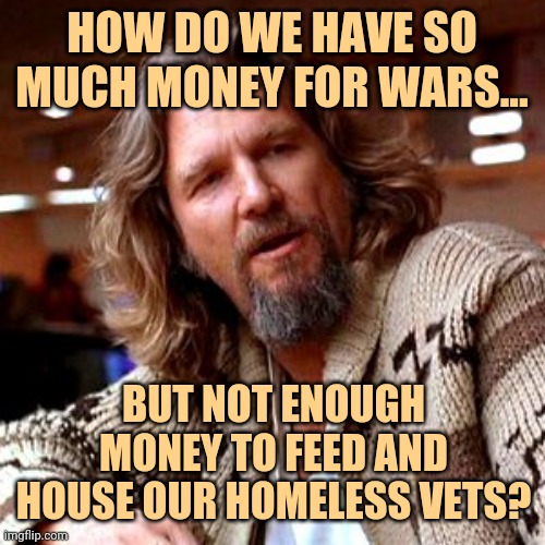 Remember when illegals were put up in hotels while vets were on the street? | HOW DO WE HAVE SO MUCH MONEY FOR WARS... BUT NOT ENOUGH MONEY TO FEED AND HOUSE OUR HOMELESS VETS? | image tagged in memes,confused lebowski | made w/ Imgflip meme maker