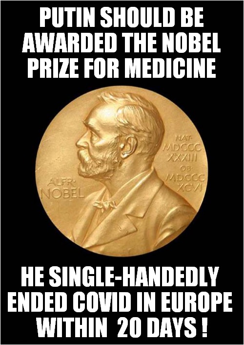 Some Good News For Vlad ! | PUTIN SHOULD BE AWARDED THE NOBEL PRIZE FOR MEDICINE; HE SINGLE-HANDEDLY 
ENDED COVID IN EUROPE 
WITHIN  20 DAYS ! | image tagged in vladimir putin,nobel prize,covid,dark humour | made w/ Imgflip meme maker