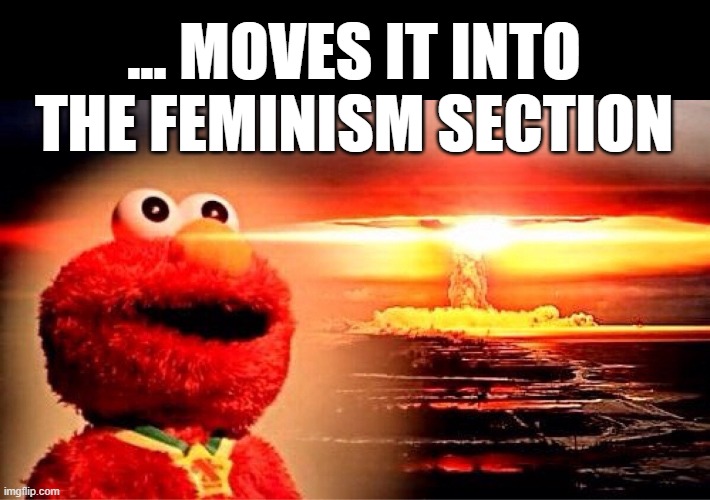 elmo nuclear explosion | ... MOVES IT INTO THE FEMINISM SECTION | image tagged in elmo nuclear explosion | made w/ Imgflip meme maker