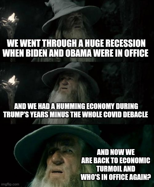 There's some idiots talking about a lack of critical thinking skills |  WE WENT THROUGH A HUGE RECESSION WHEN BIDEN AND OBAMA WERE IN OFFICE; AND WE HAD A HUMMING ECONOMY DURING TRUMP'S YEARS MINUS THE WHOLE COVID DEBACLE; AND NOW WE ARE BACK TO ECONOMIC TURMOIL AND WHO'S IN OFFICE AGAIN? | image tagged in memes,confused gandalf | made w/ Imgflip meme maker