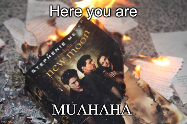 I burned ‘em | Here you are; MUAHAHA | image tagged in twilight | made w/ Imgflip meme maker