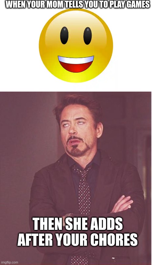 WHEN YOUR MOM TELLS YOU TO PLAY GAMES; THEN SHE ADDS AFTER YOUR CHORES | image tagged in memes,face you make robert downey jr | made w/ Imgflip meme maker