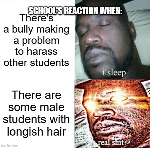 School meme | SCHOOL'S REACTION WHEN:; There's a bully making a problem to harass other students; There are some male students with longish hair | image tagged in memes,sleeping shaq | made w/ Imgflip meme maker