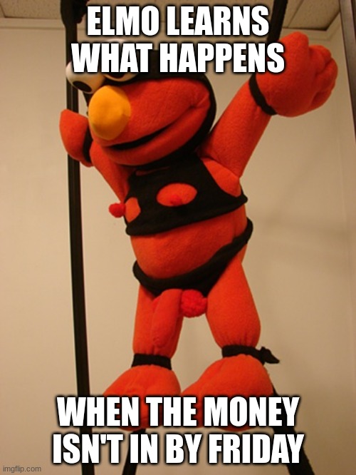funny meme | ELMO LEARNS WHAT HAPPENS; WHEN THE MONEY ISN'T IN BY FRIDAY | image tagged in gimp elmo | made w/ Imgflip meme maker