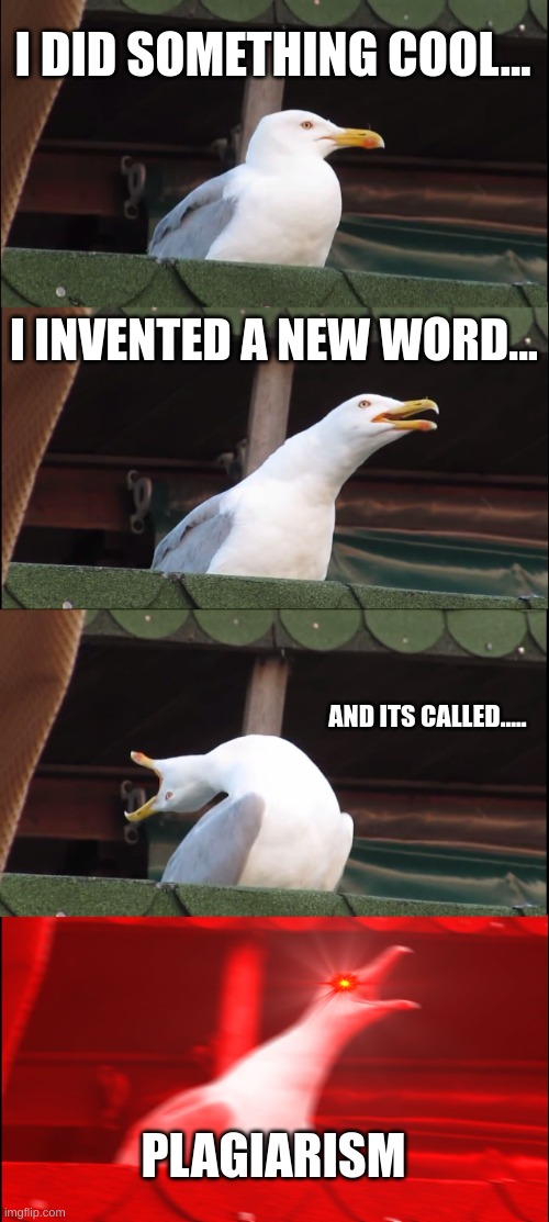 i used  plagiarism to make this meme | I DID SOMETHING COOL... I INVENTED A NEW WORD... AND ITS CALLED..... PLAGIARISM | image tagged in memes,inhaling seagull | made w/ Imgflip meme maker