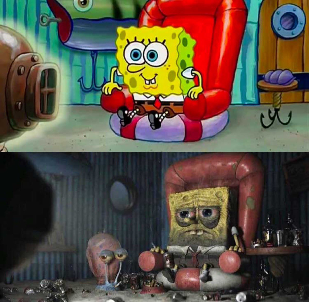 High Quality spongebob before after tv sofa couch Blank Meme Template